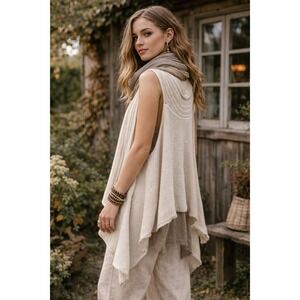 Pure‎ Handknit Cream Cotton Lagenlook Flowy Cardigan Sweater Vest S/M Boho Ivory